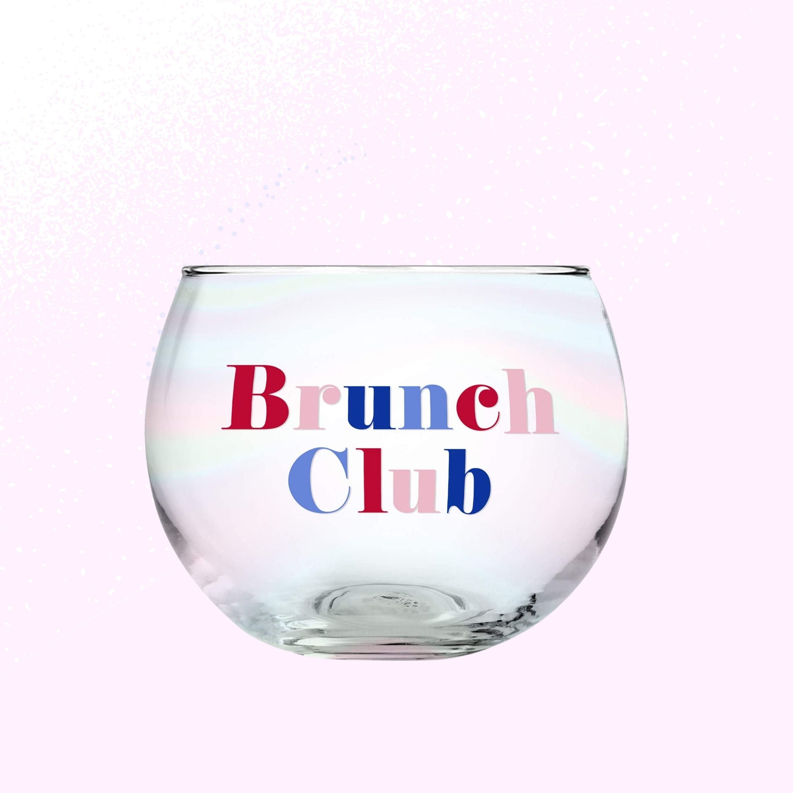 Brunch Club Roly Poly Clear Glass with multicolor lettering, perfect for cocktails and drinks.