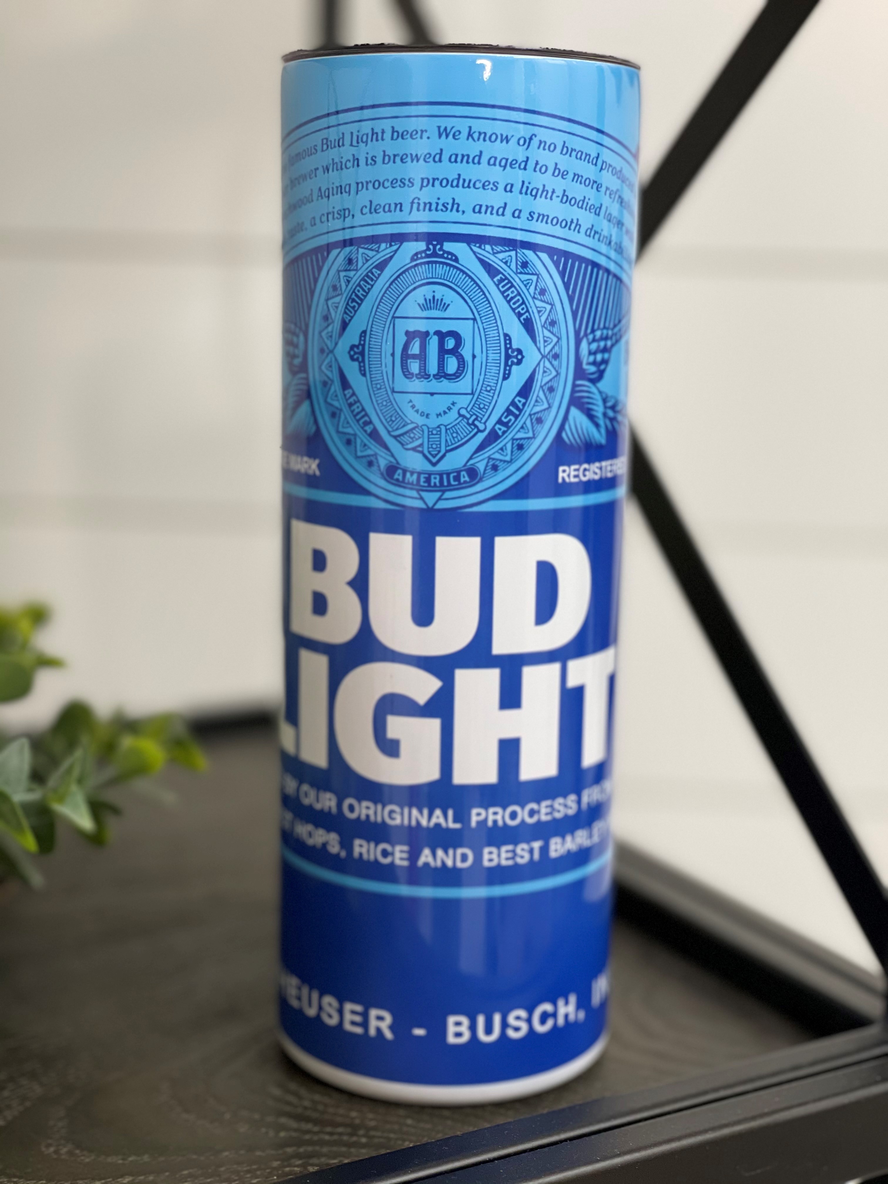 Bud Light 20oz Skinny Tumbler featuring a vibrant full wrap design, perfect for keeping drinks hot or cold.