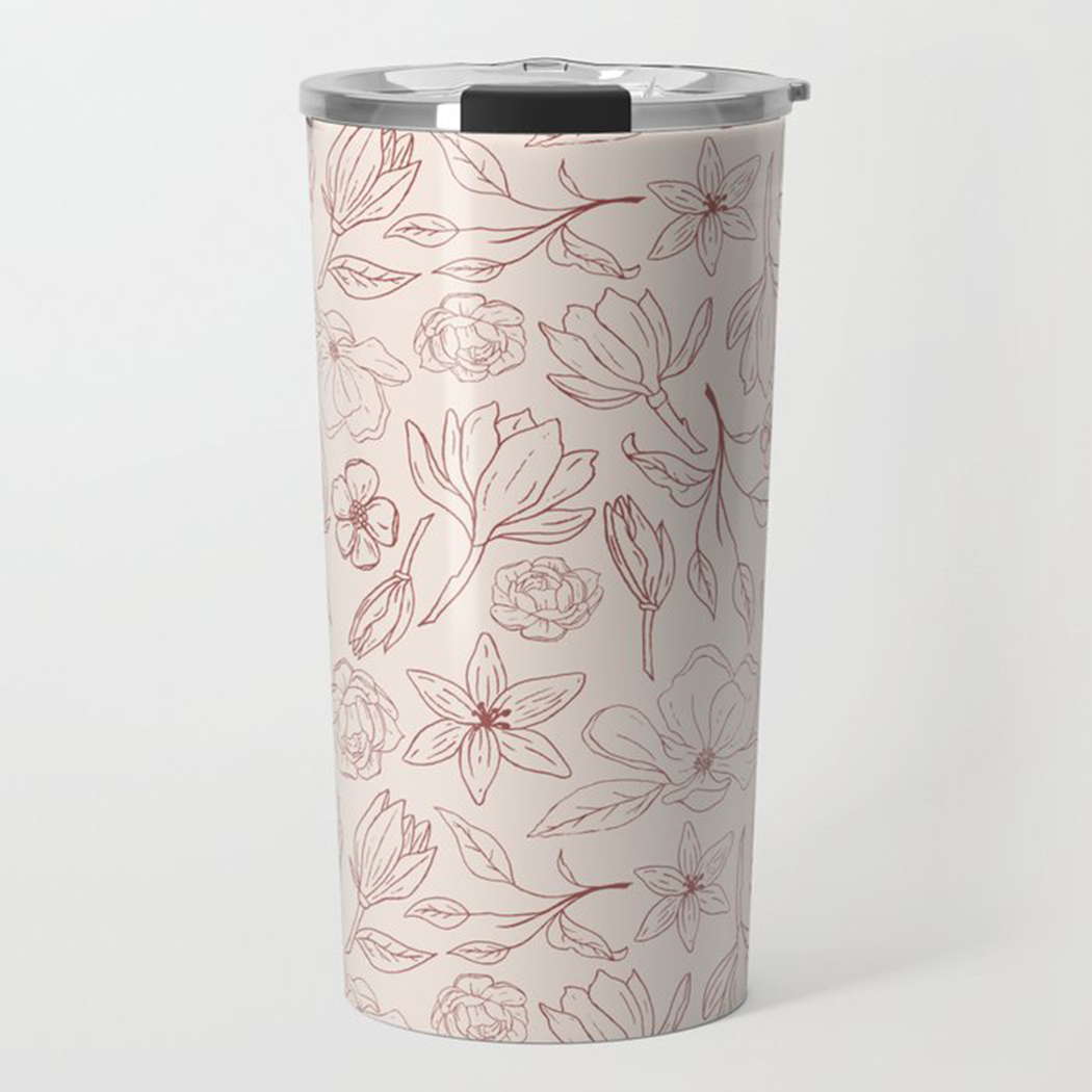 Burgundy Magnolia Travel Coffee Mug featuring a beautiful floral design, made of stainless steel with a vacuum-sealed lid.