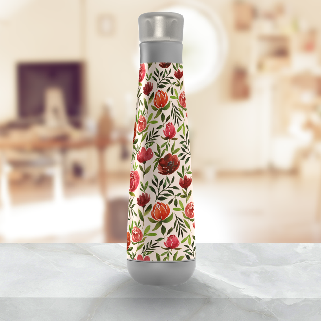 Burgundy Watercolor Floral Peristyle Water Bottle with stainless steel finish and floral design.