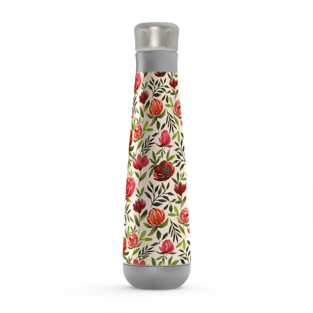 Burgundy Watercolor Floral Peristyle Water Bottle with stainless steel finish and floral design.