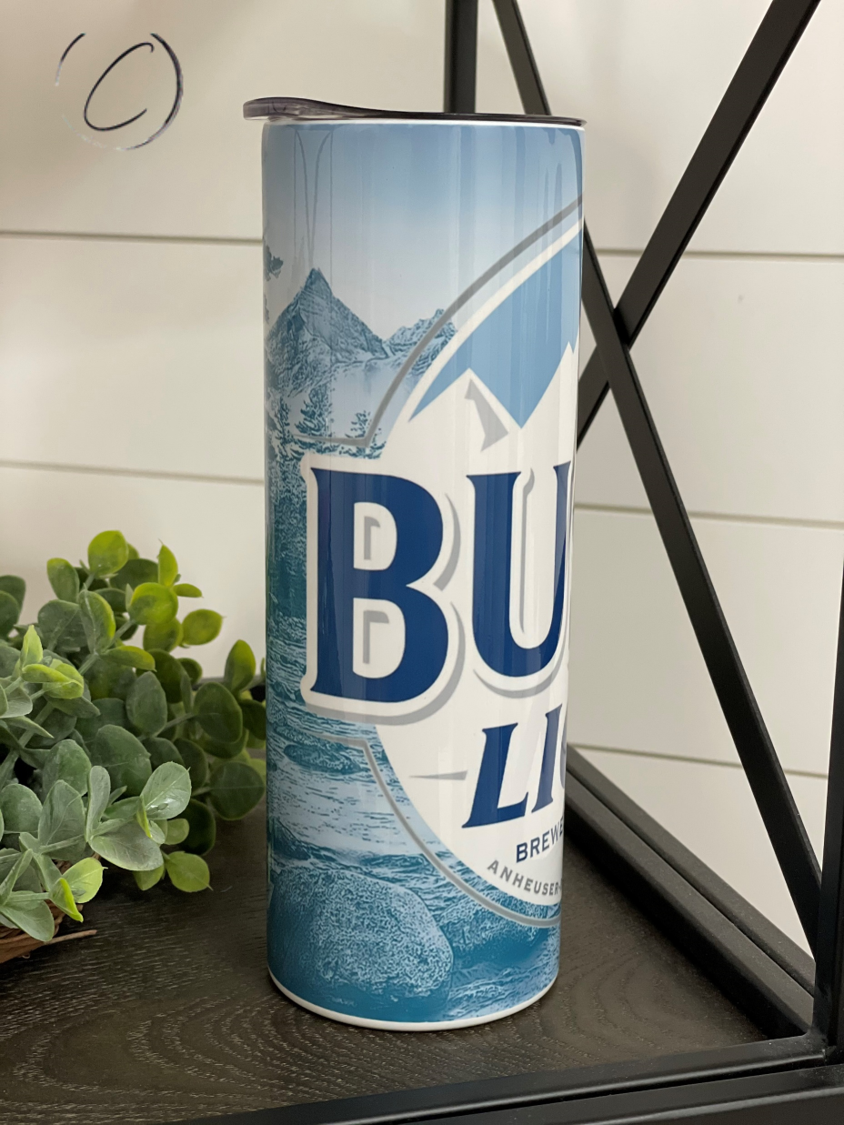 Busch Light 20oz Skinny Tumbler with vibrant design and reusable straw, perfect for beverages.