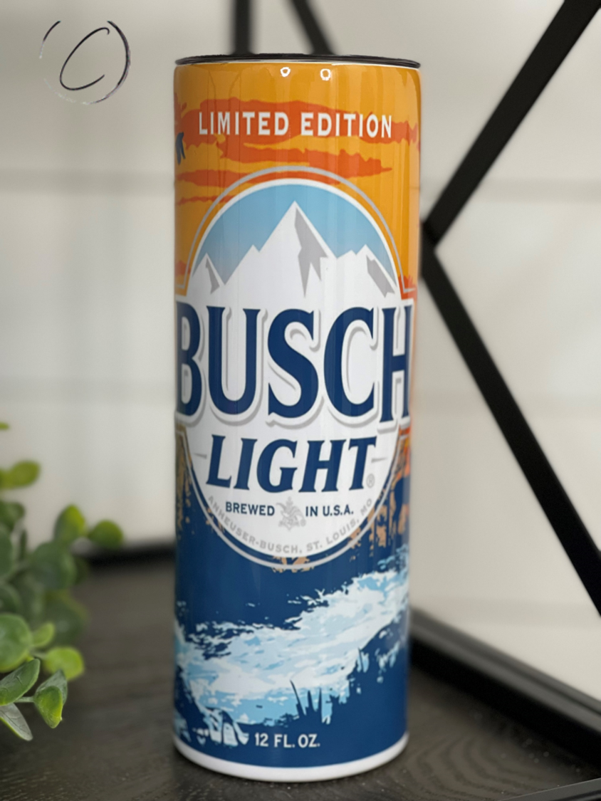 Busch Light Limited Edition 20oz Skinny Tumbler featuring a vibrant design, reusable straw, and durable construction.