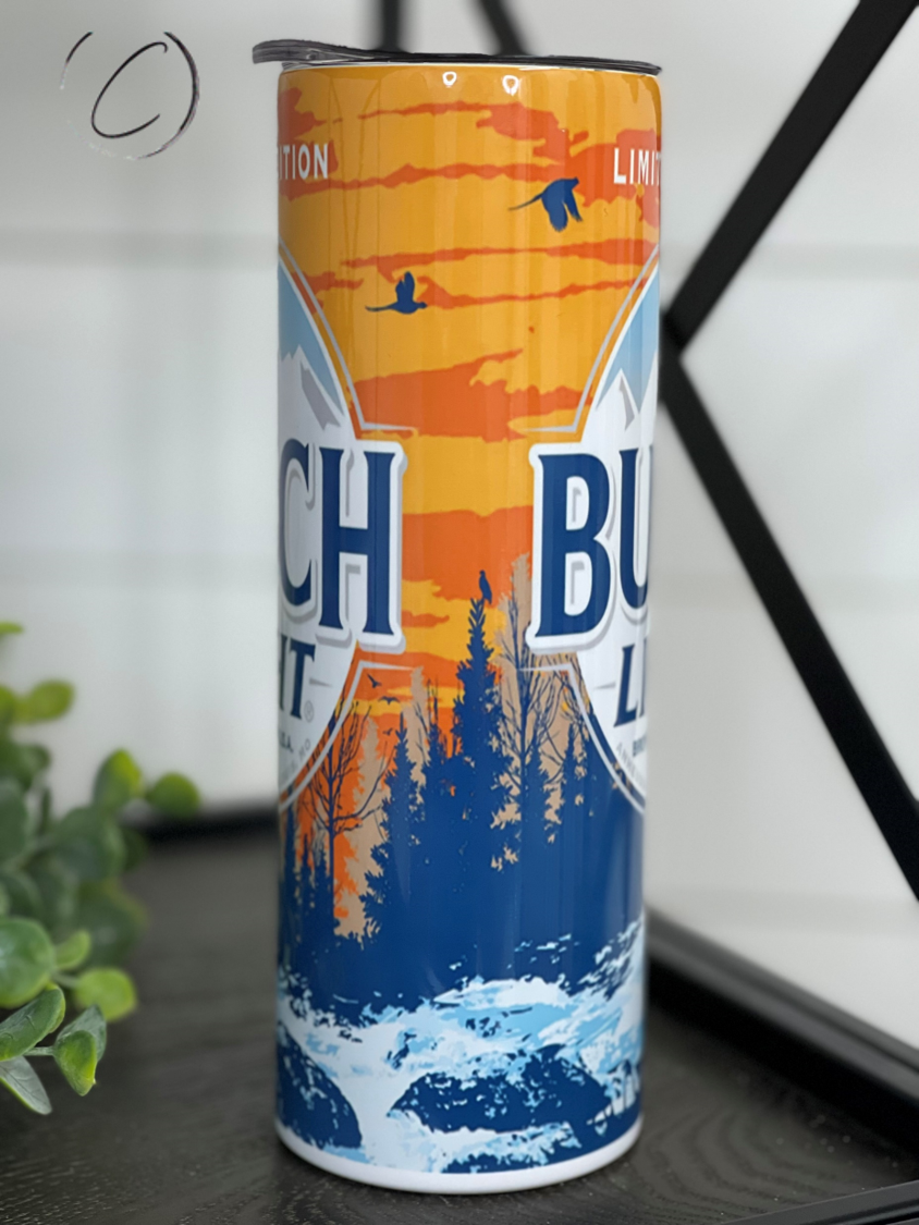 Busch Light Limited Edition 20oz Skinny Tumbler featuring a vibrant design, reusable straw, and durable construction.