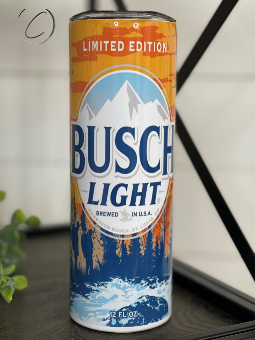 Busch Light Limited Edition 20oz Skinny Tumbler featuring a vibrant design, reusable straw, and durable construction.