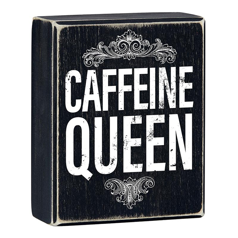 Caffeine Queen Box Sign in black with white text, rustic wooden design perfect for kitchen decor.