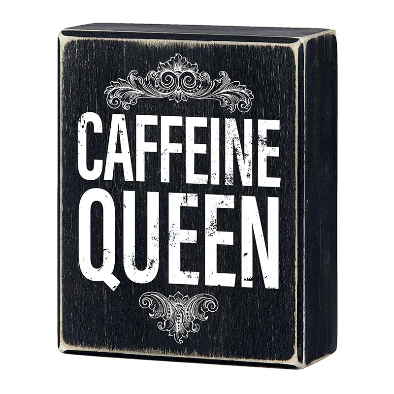 Caffeine Queen Box Sign in black with white text, rustic wooden design perfect for kitchen decor.