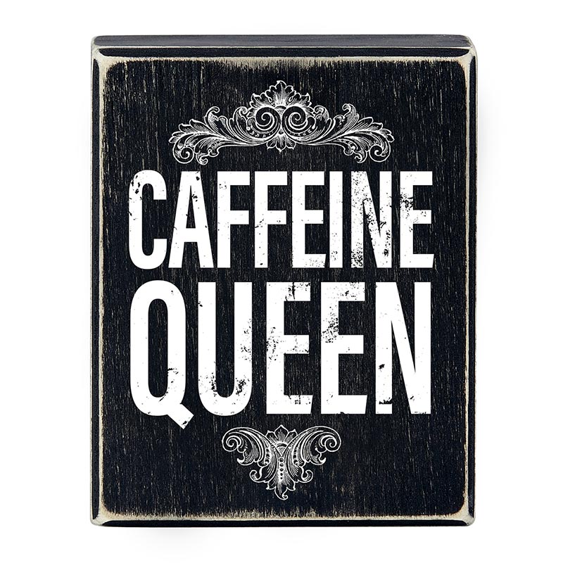 Caffeine Queen Box Sign in black with white text, rustic wooden design perfect for kitchen decor.