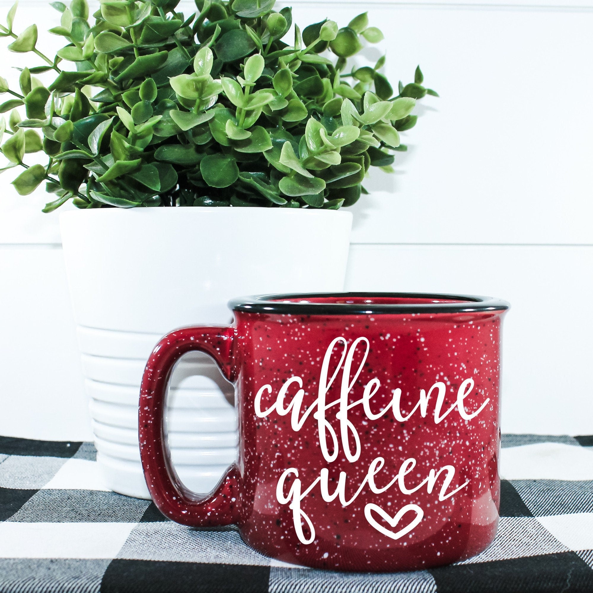 Caffeine Queen Campfire Mug with a stylish design, perfect for coffee lovers, featuring a durable ceramic construction.