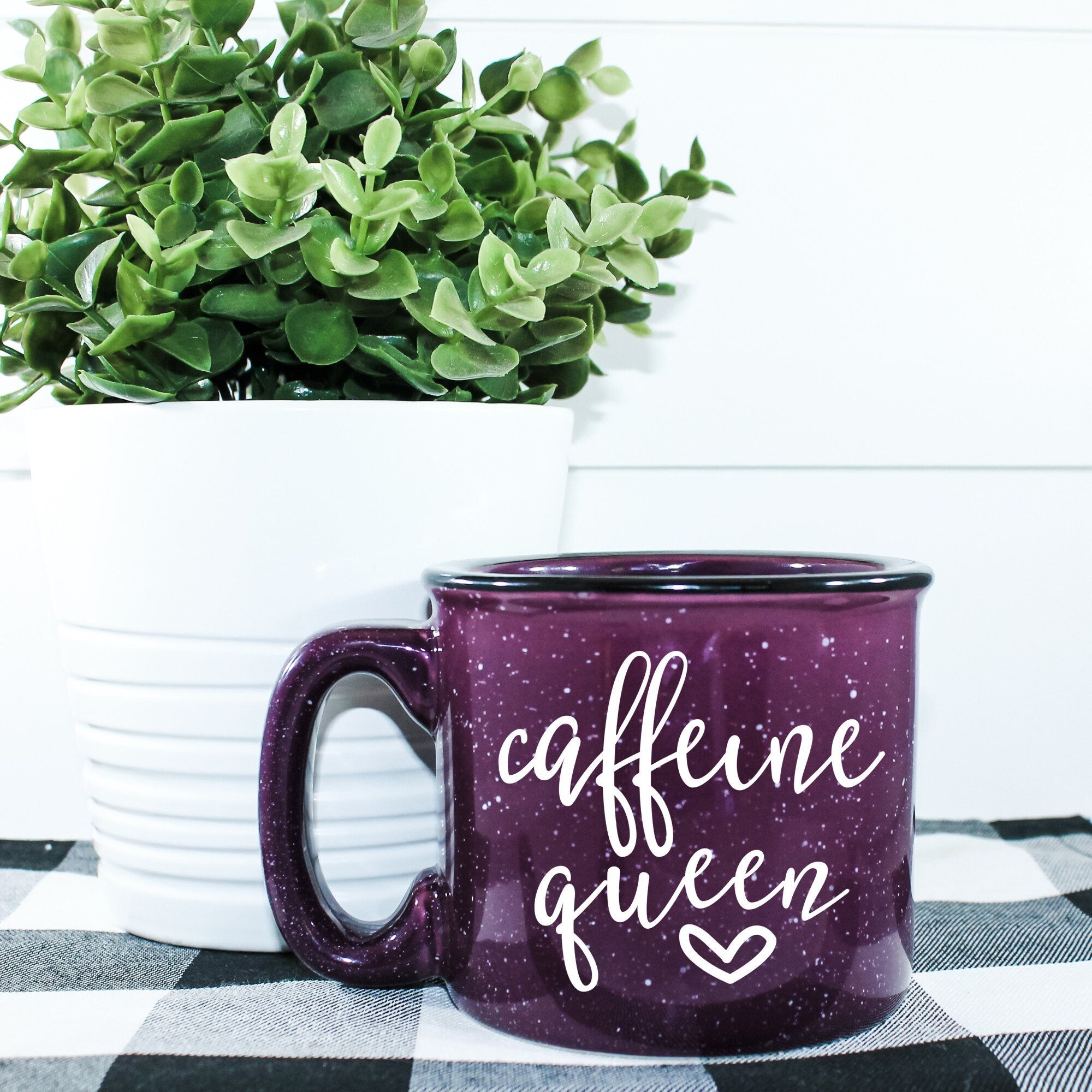 Caffeine Queen Campfire Mug with a stylish design, perfect for coffee lovers, featuring a durable ceramic construction.