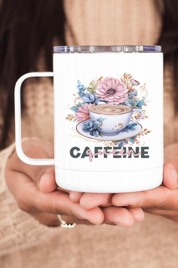 Caffeine Queen Floral Stainless Steel Coffee Travel Cup with vibrant floral design and secure lid, perfect for on-the-go coffee lovers.