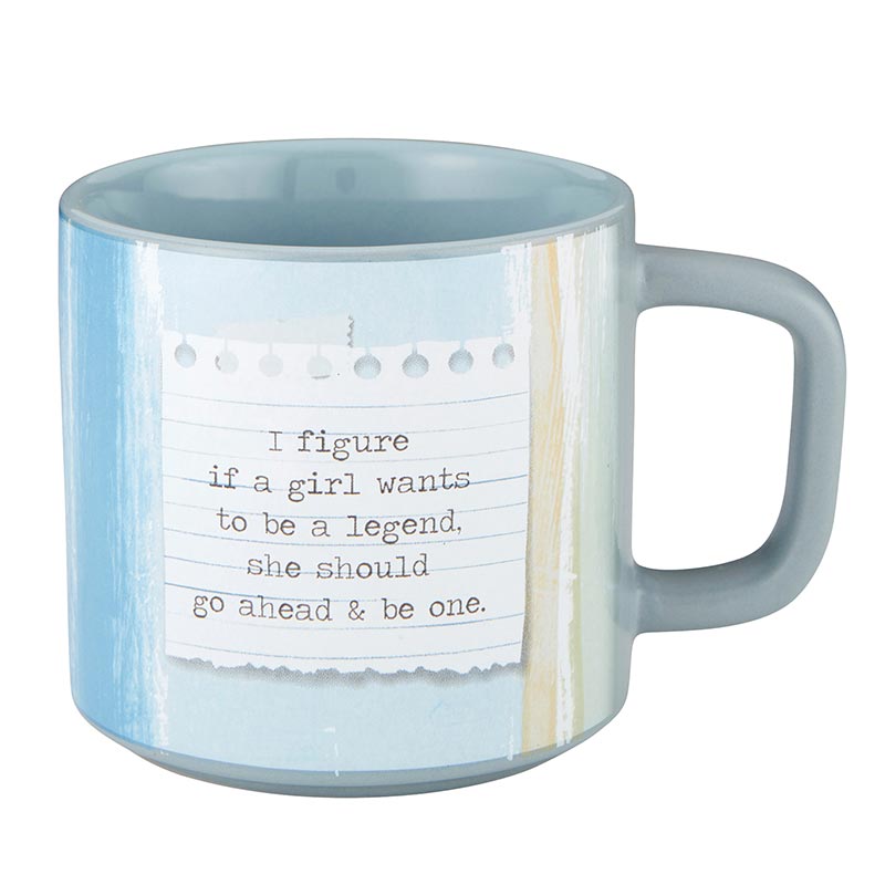 Calamity Jane coffee mug featuring an inspirational quote, stackable design, and durable stoneware material.
