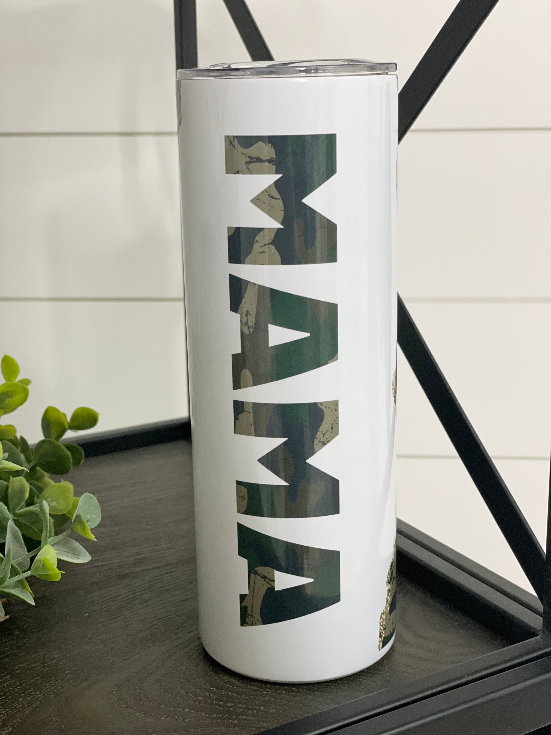 Camo Mama 20oz Skinny Tumbler with a stylish camo design, featuring a reusable straw and durable construction.