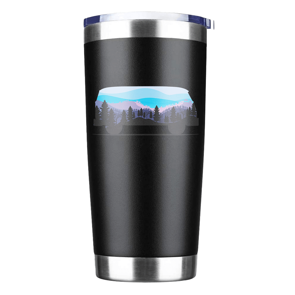 Camper 20oz Insulated Vacuum Sealed Tumbler in stainless steel with a splash-proof lid and UV-printed design.