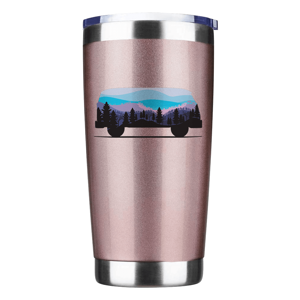 Camper 20oz Insulated Vacuum Sealed Tumbler in stainless steel with a splash-proof lid and UV-printed design.
