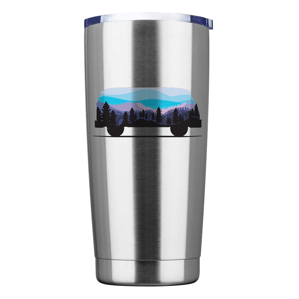 Camper 20oz Insulated Vacuum Sealed Tumbler in stainless steel with a splash-proof lid and UV-printed design.