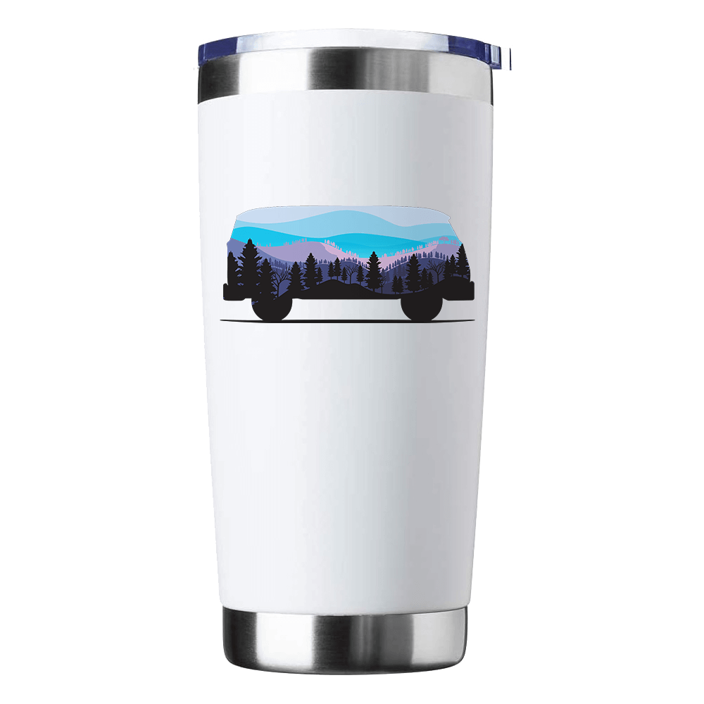 Camper 20oz Insulated Vacuum Sealed Tumbler in stainless steel with a splash-proof lid and UV-printed design.