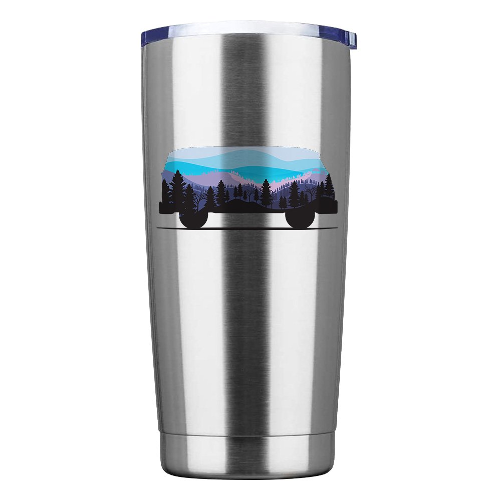 Camper 20oz Insulated Vacuum Sealed Tumbler in stainless steel with a splash-proof lid and UV-printed design.