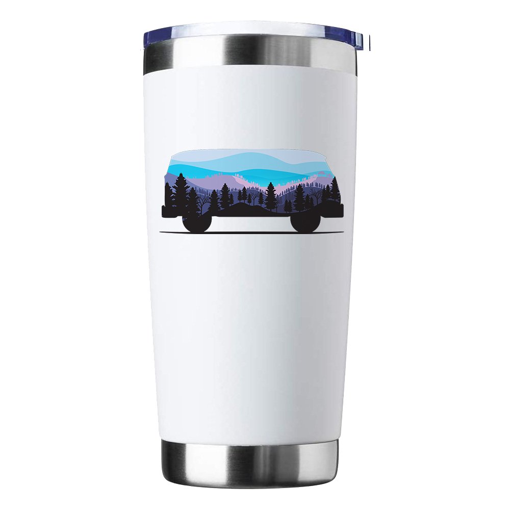 Camper 20oz Insulated Vacuum Sealed Tumbler in stainless steel with a splash-proof lid and UV-printed design.