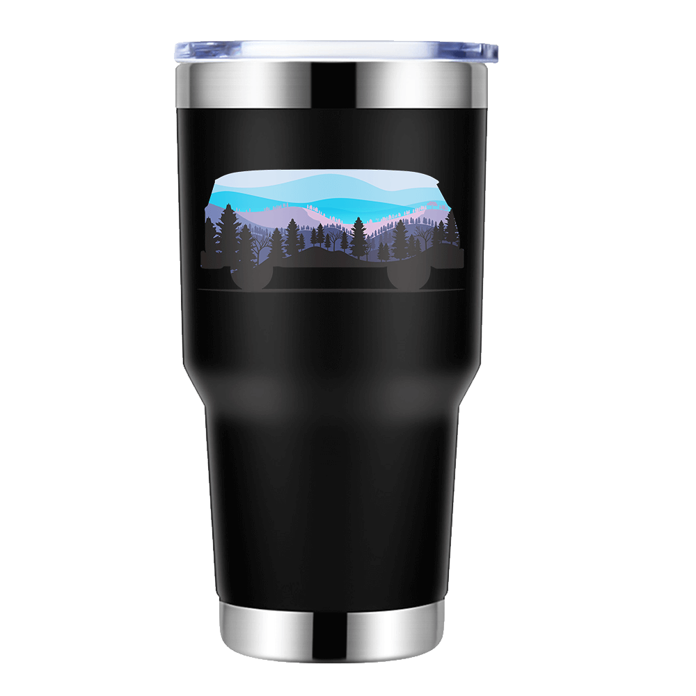 Camper 30oz Insulated Vacuum Sealed Tumbler in stainless steel with UV-printed design, showcasing its double-walled insulation and splash-proof lid.