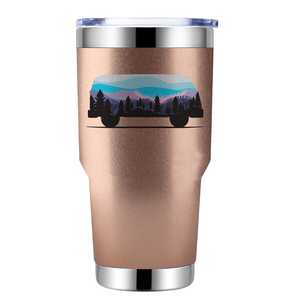 Camper 30oz Insulated Vacuum Sealed Tumbler in stainless steel with UV-printed design, showcasing its double-walled insulation and splash-proof lid.