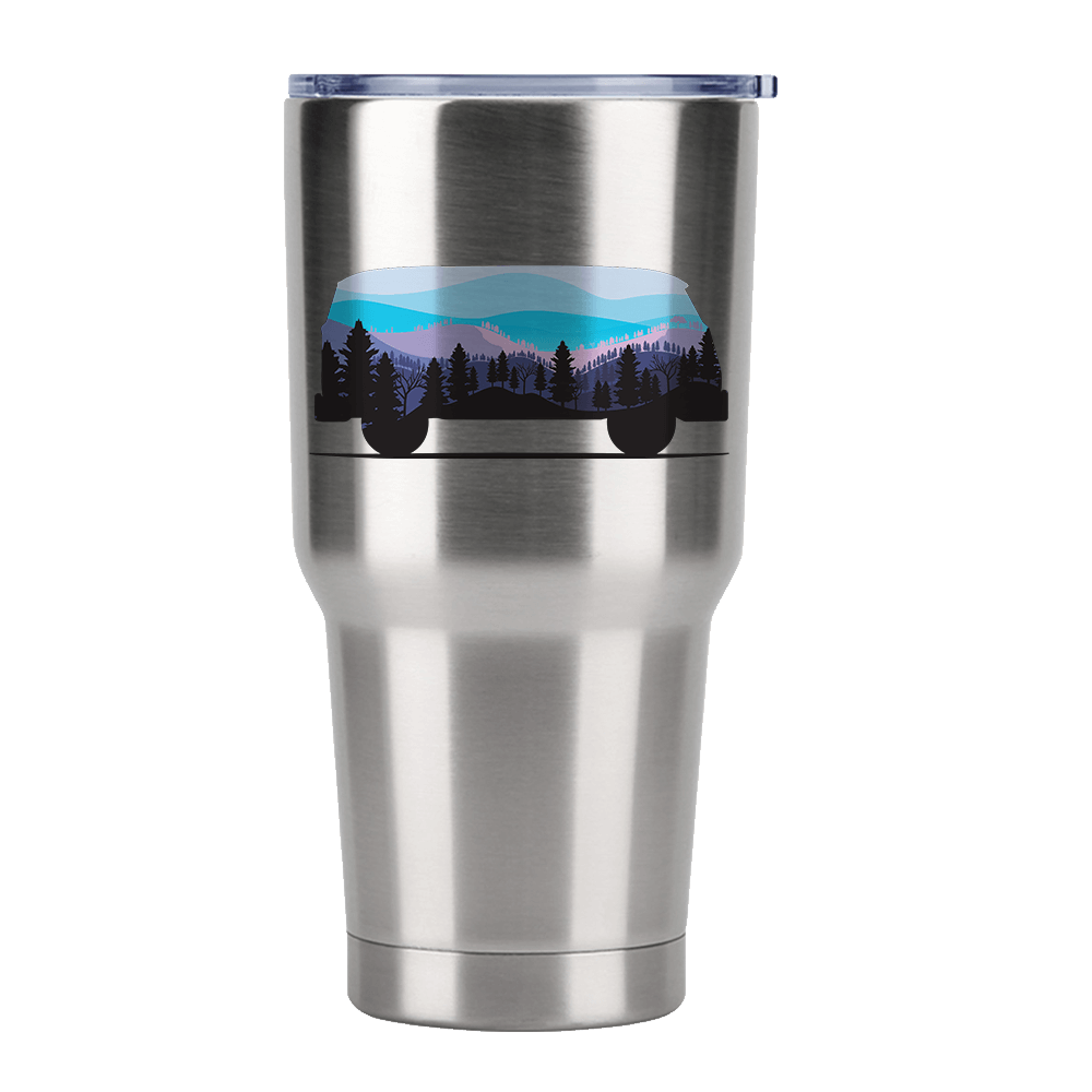 Camper 30oz Insulated Vacuum Sealed Tumbler in stainless steel with UV-printed design, showcasing its double-walled insulation and splash-proof lid.