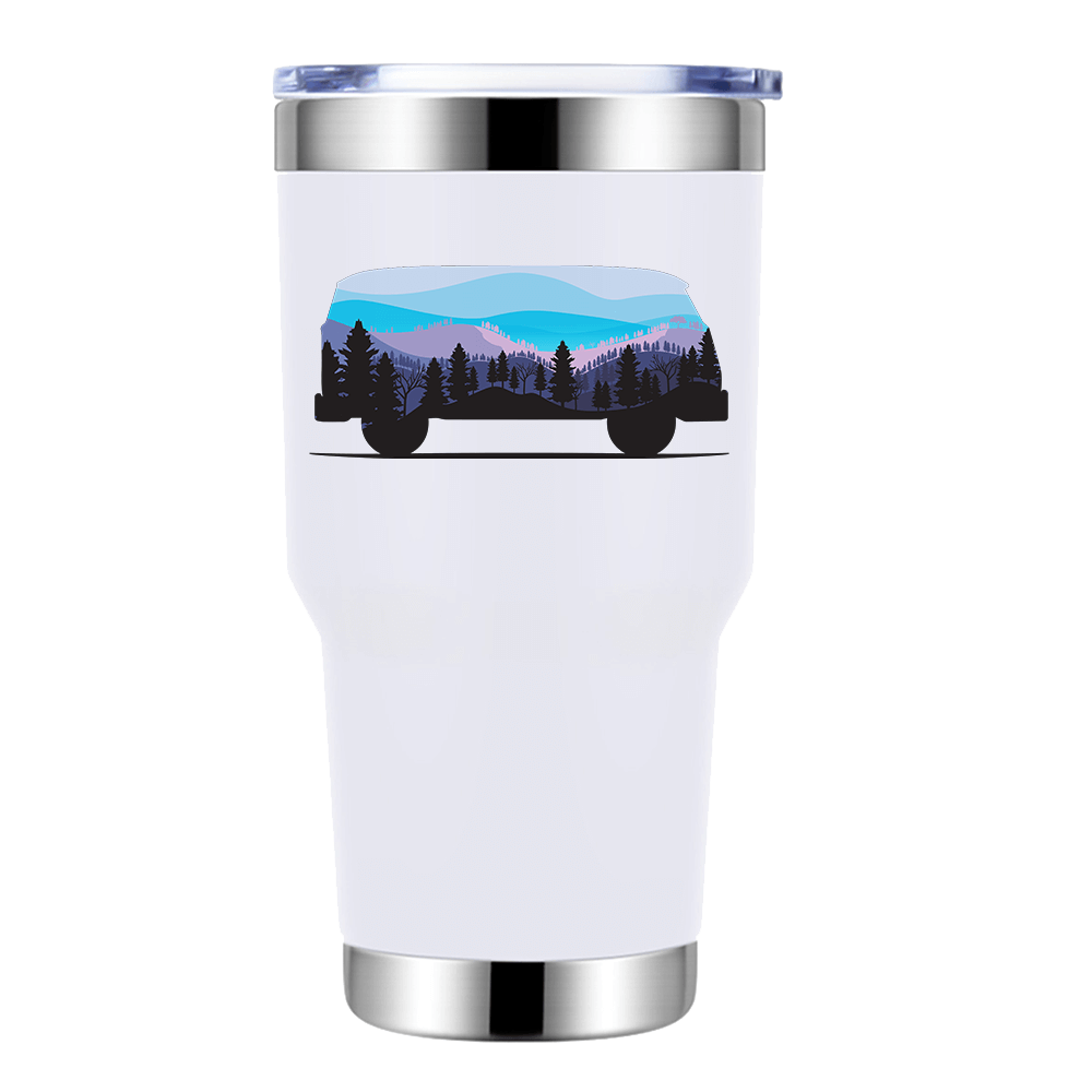 Camper 30oz Insulated Vacuum Sealed Tumbler in stainless steel with UV-printed design, showcasing its double-walled insulation and splash-proof lid.