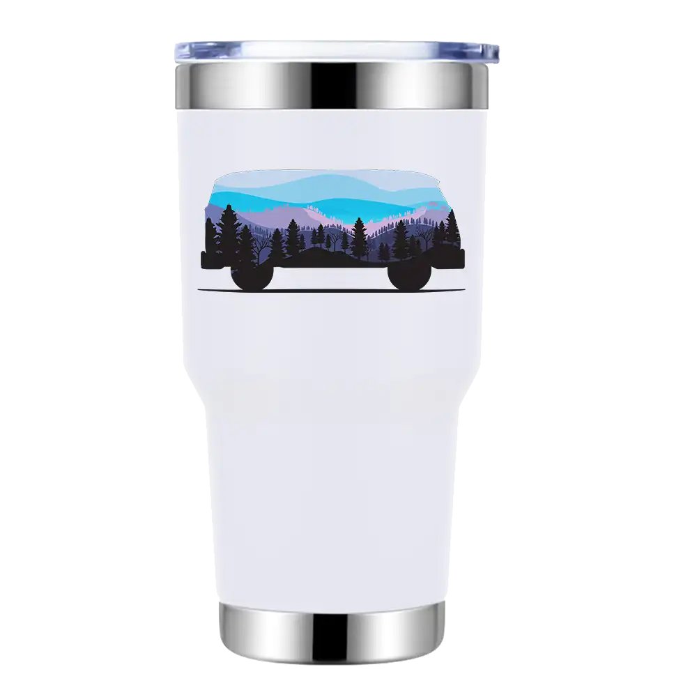 Camper 30oz Insulated Vacuum Sealed Tumbler in stainless steel with UV-printed design, showcasing its double-walled insulation and splash-proof lid.