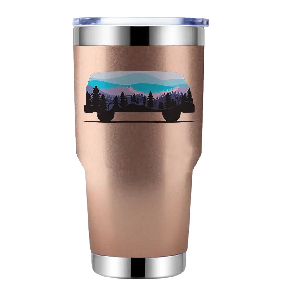 Camper 30oz Insulated Vacuum Sealed Tumbler in stainless steel with UV-printed design, showcasing its double-walled insulation and splash-proof lid.