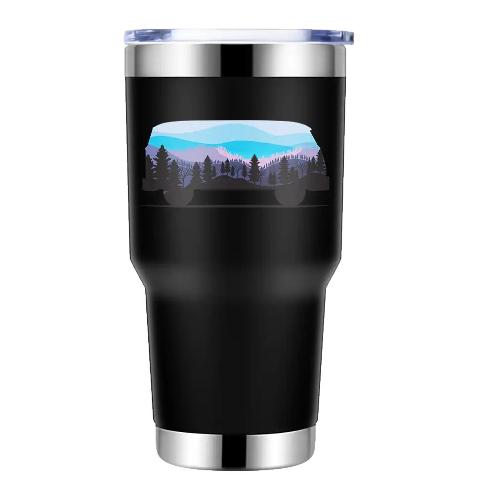 Camper 30oz Insulated Vacuum Sealed Tumbler in stainless steel with UV-printed design, showcasing its double-walled insulation and splash-proof lid.