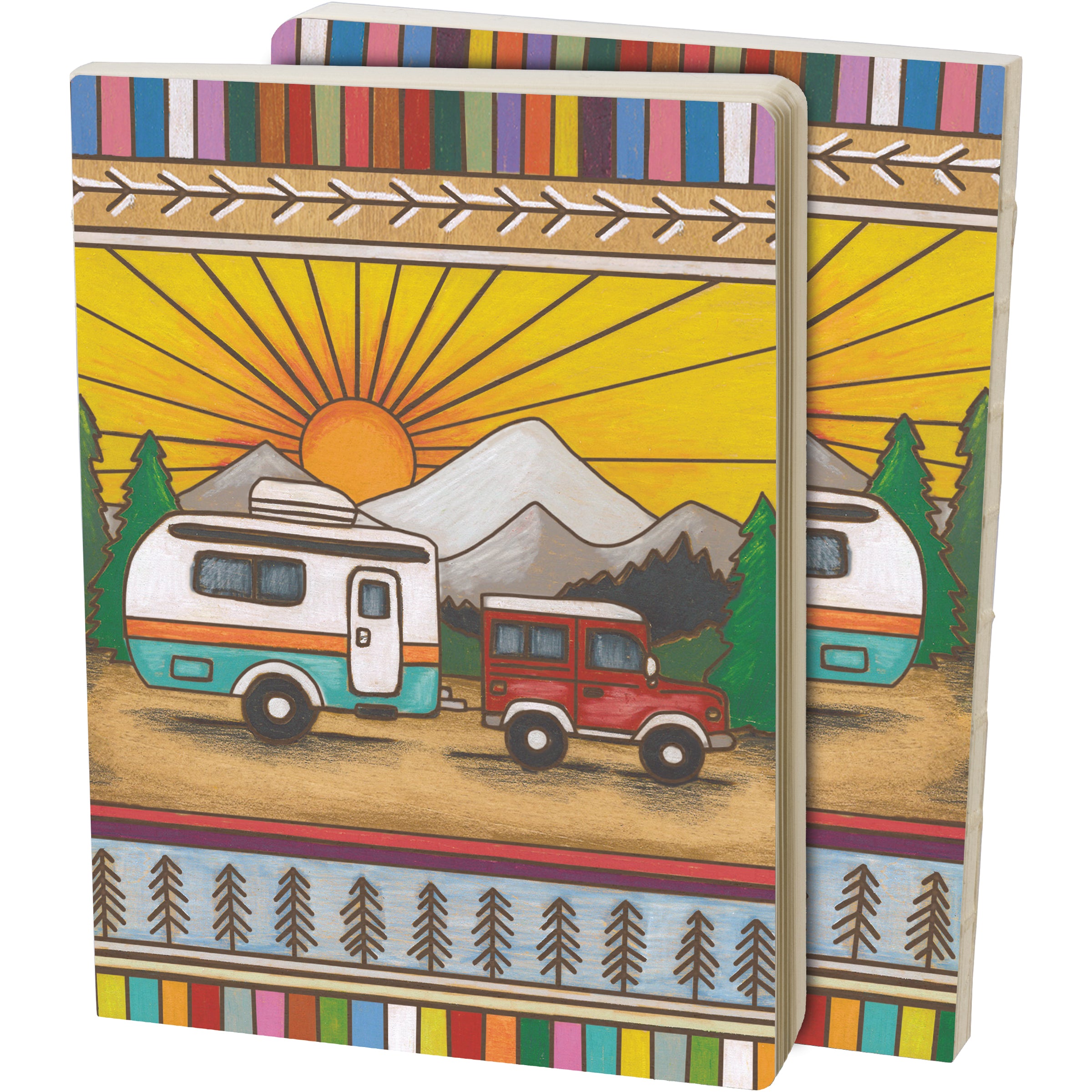 Camper Double-Sided Journal featuring wood burned art of a vehicle pulling a camper in the woods, with lined pages and open spine design.