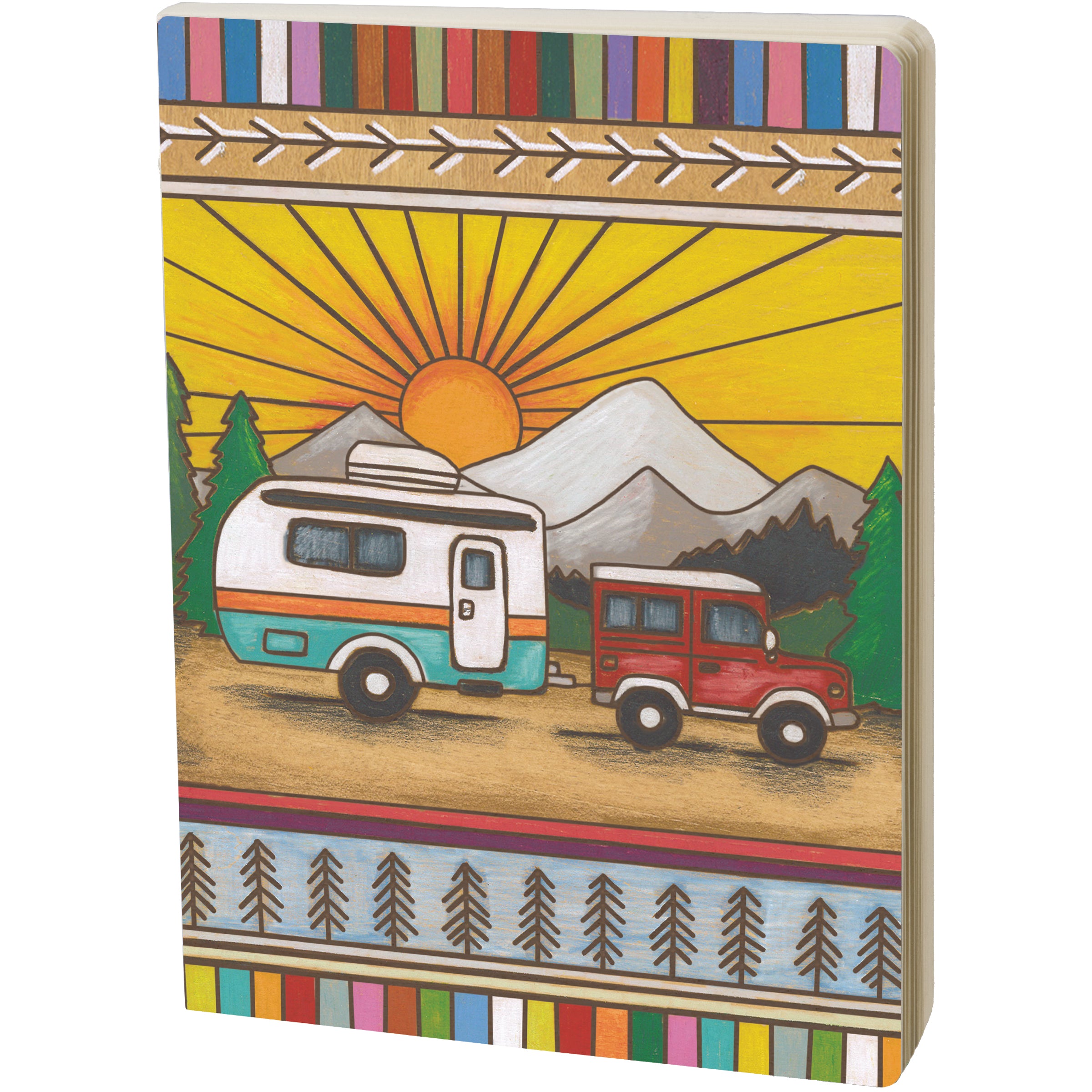 Camper Double-Sided Journal featuring wood burned art of a vehicle pulling a camper in the woods, with lined pages and open spine design.