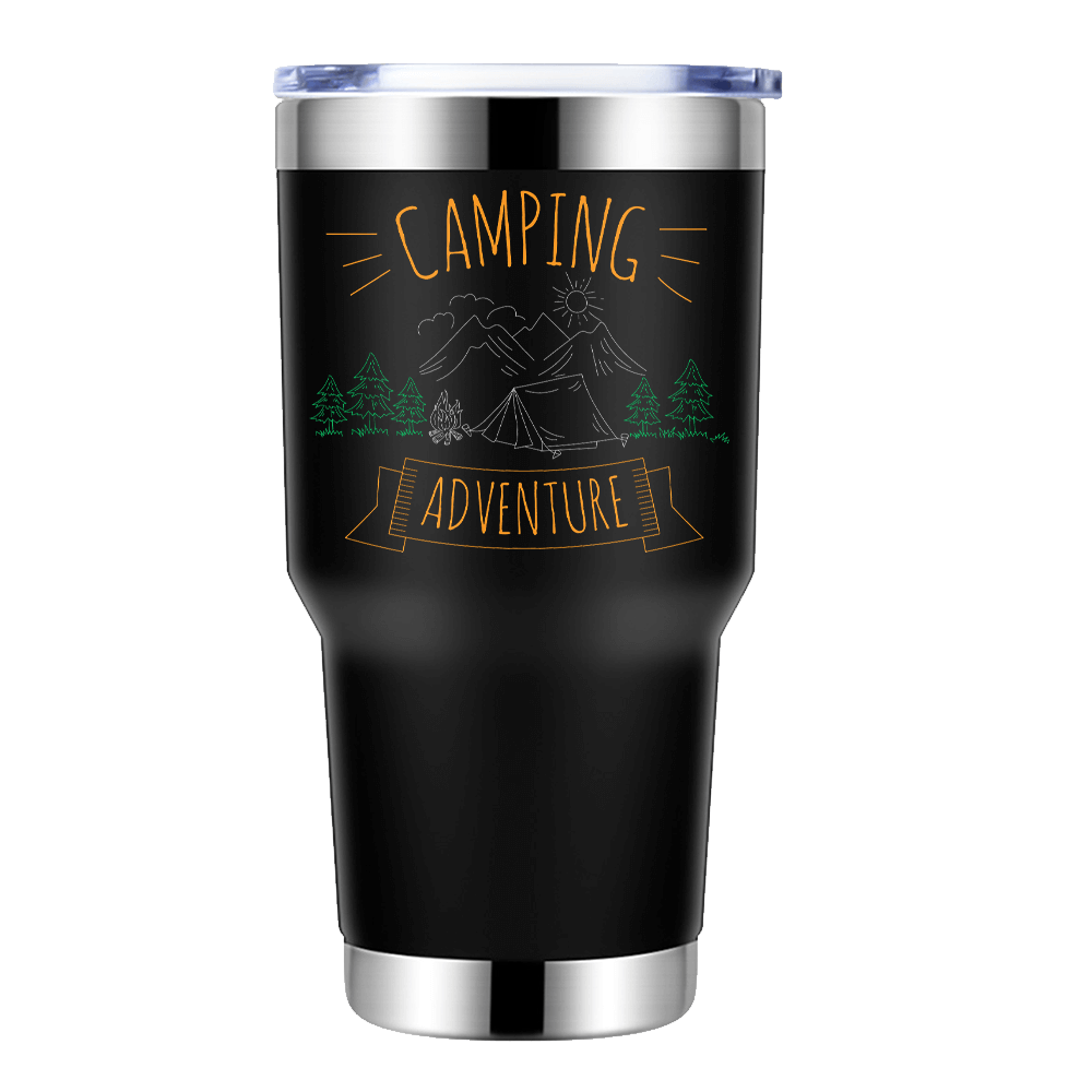 Camping Adventure 30oz Insulated Vacuum Sealed Tumbler in stainless steel with UV-printed design, showcasing its double-walled insulation and splash-proof lid.