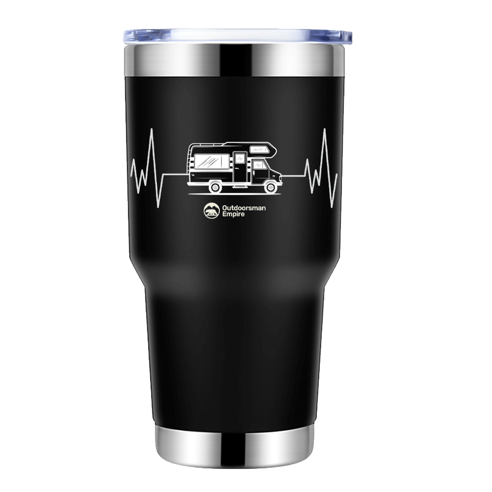 Camping Cardiogram 30oz Insulated Vacuum Sealed Tumbler with UV-printed design, showcasing its stainless steel construction and splash-proof lid.