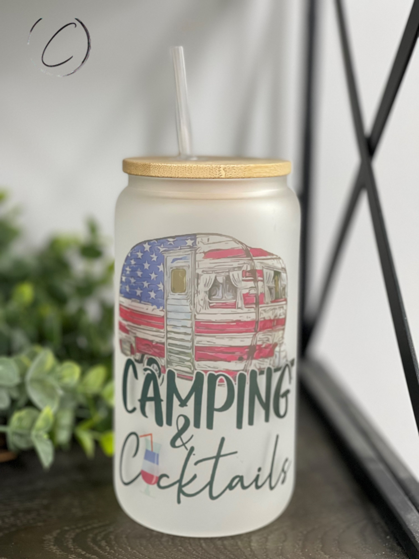 Camping & Cocktails 16oz Libbey Glass with a vibrant full wrap design and reusable straw, perfect for outdoor use.