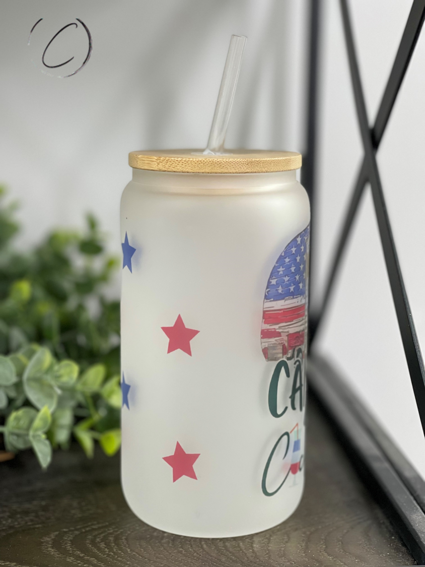 Camping & Cocktails 16oz Libbey Glass with a vibrant full wrap design and reusable straw, perfect for outdoor use.