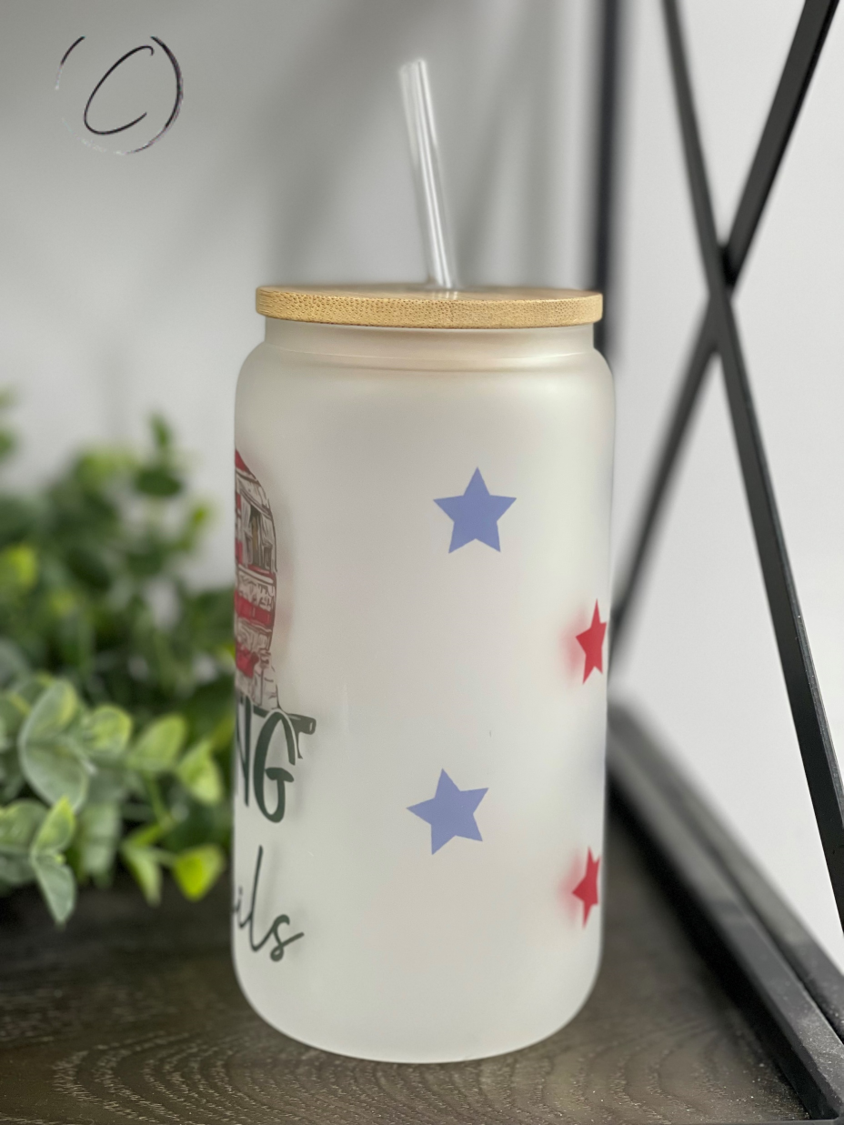 Camping & Cocktails 16oz Libbey Glass with a vibrant full wrap design and reusable straw, perfect for outdoor use.