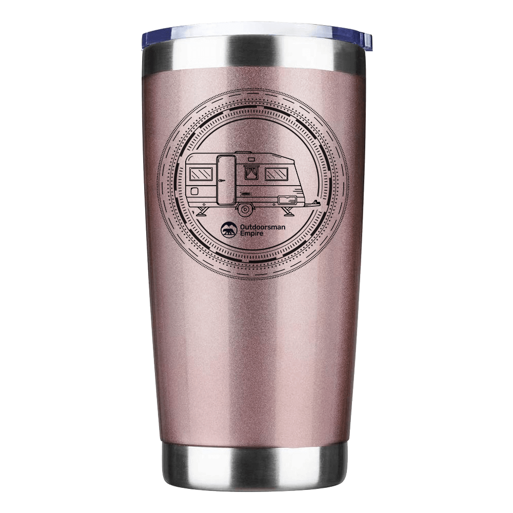 Camping Kaleidoscope 20oz Insulated Vacuum Sealed Tumbler with vibrant UV-printed design, showcasing its stainless steel construction and spill-proof lid.