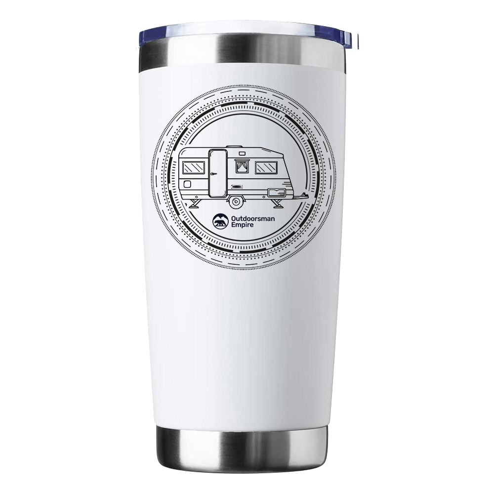 Camping Kaleidoscope 20oz Insulated Vacuum Sealed Tumbler with vibrant UV-printed design, showcasing its stainless steel construction and spill-proof lid.