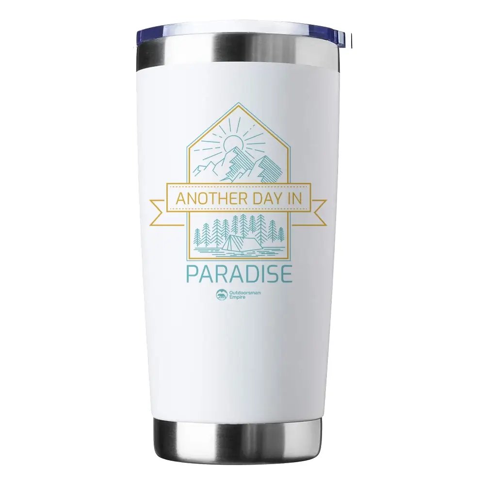 Camping Kaleidoscope 20oz Insulated Vacuum Sealed Tumbler with vibrant UV-printed design, showcasing its stainless steel construction and spill-proof lid.