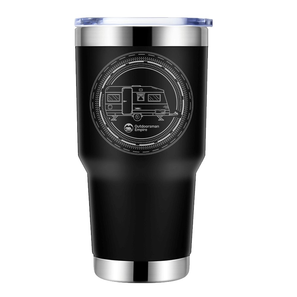 Camping Kaleidoscope 30oz Insulated Vacuum Sealed Tumbler with vibrant UV-printed design, showcasing its stainless steel construction and splash-proof lid.
