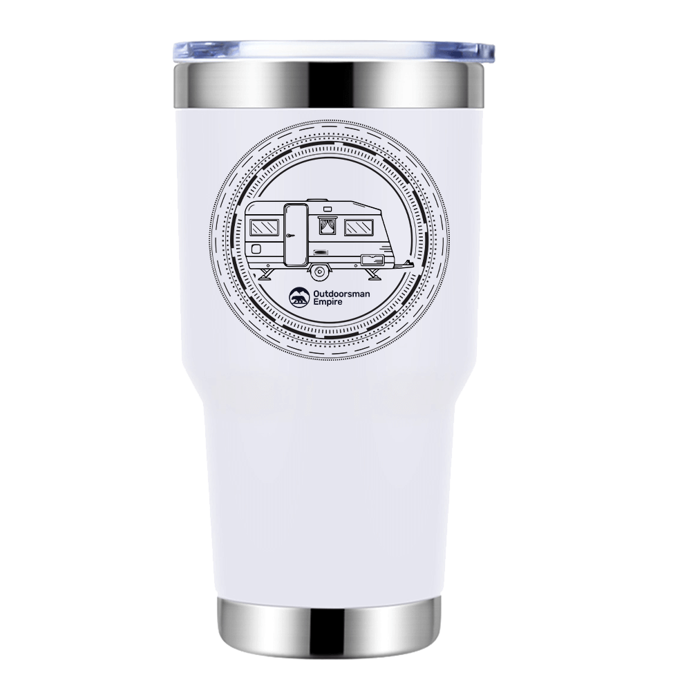 Camping Kaleidoscope 30oz Insulated Vacuum Sealed Tumbler with vibrant UV-printed design, showcasing its stainless steel construction and splash-proof lid.