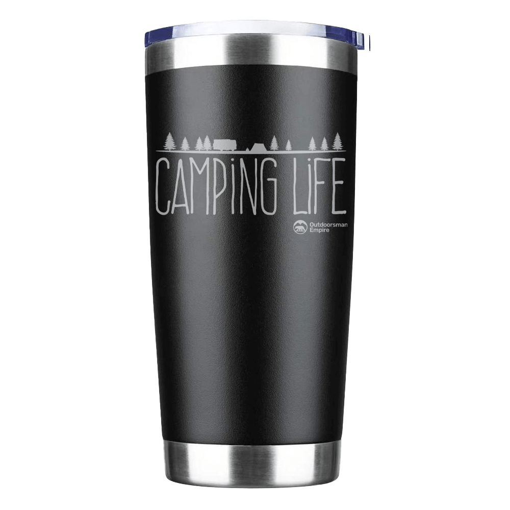 Camping Life 20oz Insulated Vacuum Sealed Tumbler in stainless steel with vibrant UV-printed design, perfect for hot and cold beverages.