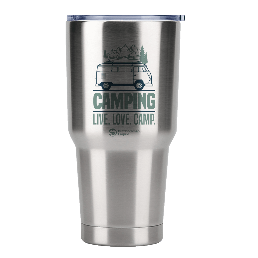 Camping Live Love Camp 30oz Insulated Vacuum Sealed Tumbler with vibrant UV-printed design, showcasing its stainless steel construction and splash-proof lid.