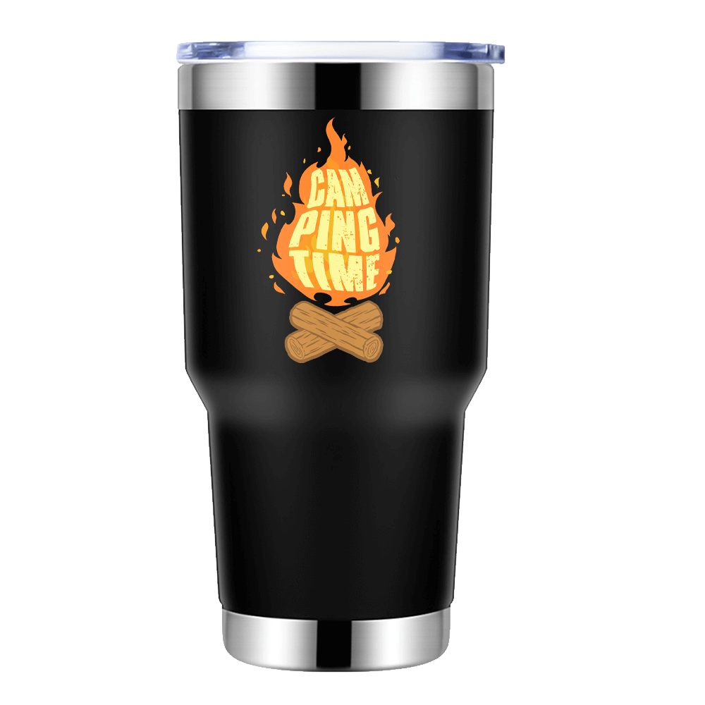 Camping Time 30oz Insulated Vacuum Sealed Tumbler in stainless steel with a splash-proof lid, showcasing UV-printed designs.
