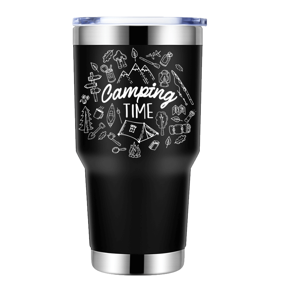 Camping Time 30oz Insulated Vacuum Sealed Tumbler in stainless steel with a splash-proof lid, showcasing UV-printed design.