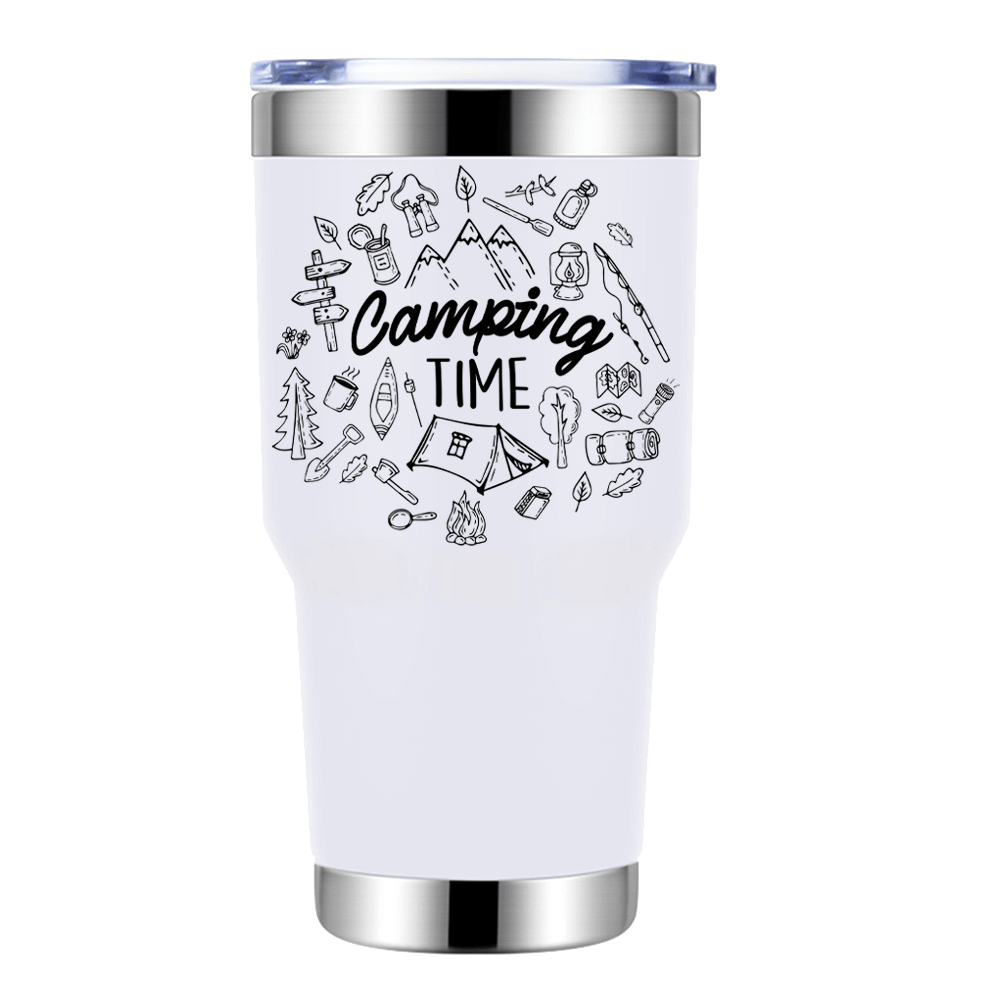 Camping Time 30oz Insulated Vacuum Sealed Tumbler in stainless steel with a splash-proof lid, showcasing UV-printed design.
