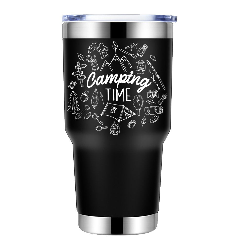 Camping Time 30oz Insulated Vacuum Sealed Tumbler in stainless steel with a splash-proof lid, showcasing UV-printed design.