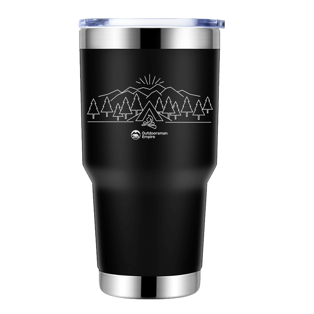 Camping Triangles 2 30oz Insulated Vacuum Sealed Tumbler in stainless steel with vibrant UV-printed design, showcasing its double-walled insulation and splash-proof lid.