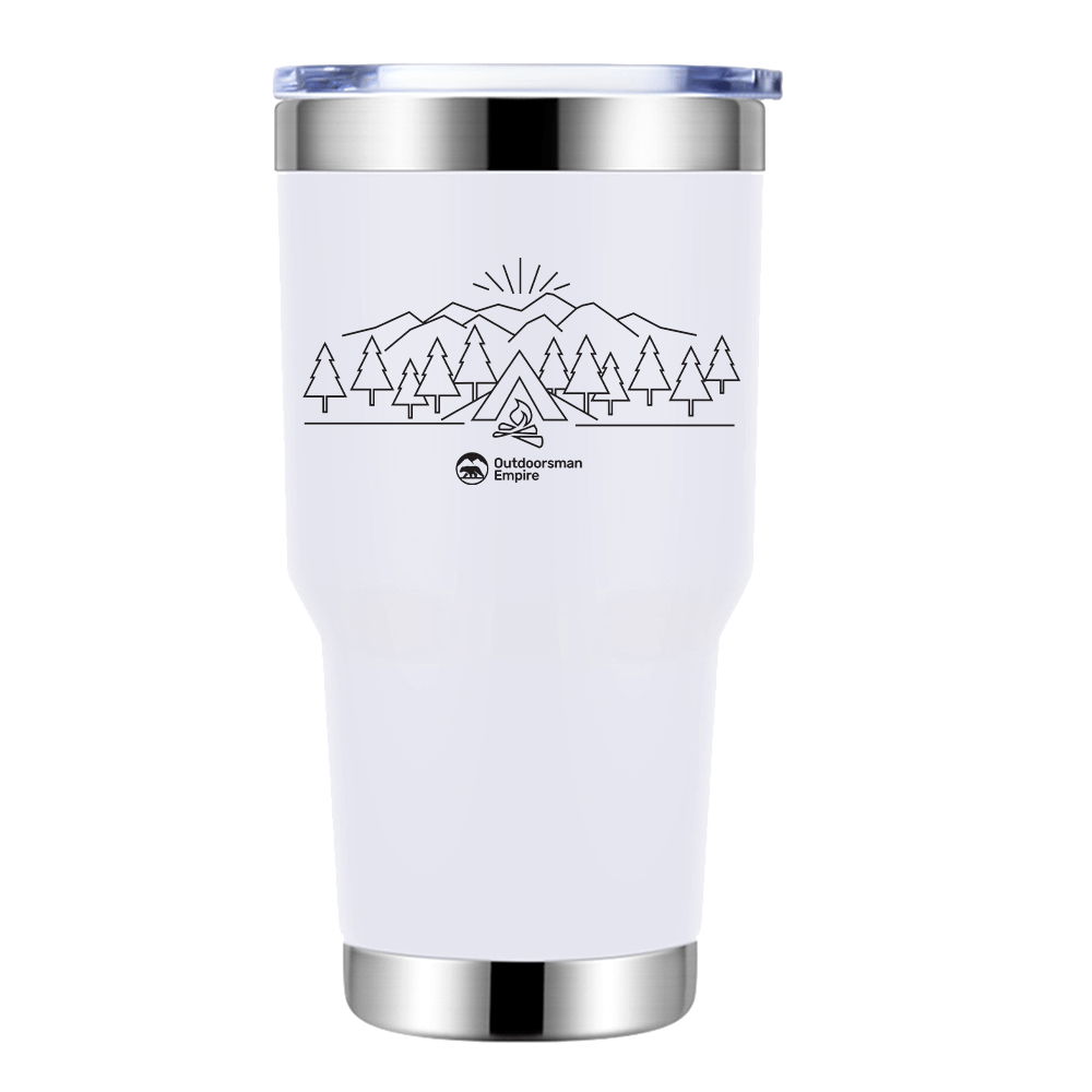 Camping Triangles 2 30oz Insulated Vacuum Sealed Tumbler in stainless steel with vibrant UV-printed design, showcasing its double-walled insulation and splash-proof lid.